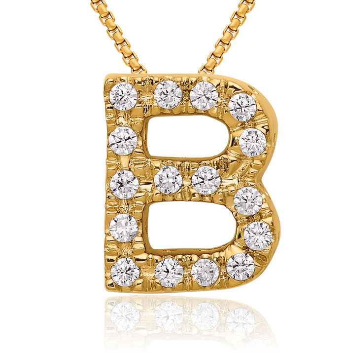 14K Solid Yellow Gold Diamond Dainty Letter B Initial Name Monogram Chain Necklace Pendant Charm