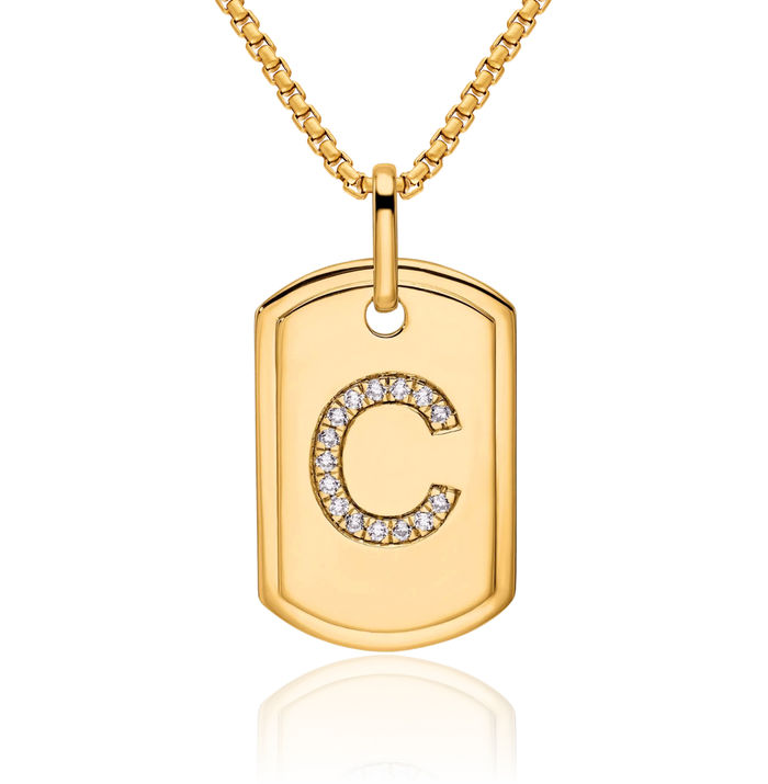 14K Solid Yellow Gold Diamond Dainty Letter C Initial Name Monogram Dog Tag Necklace Chain Pendant Charm