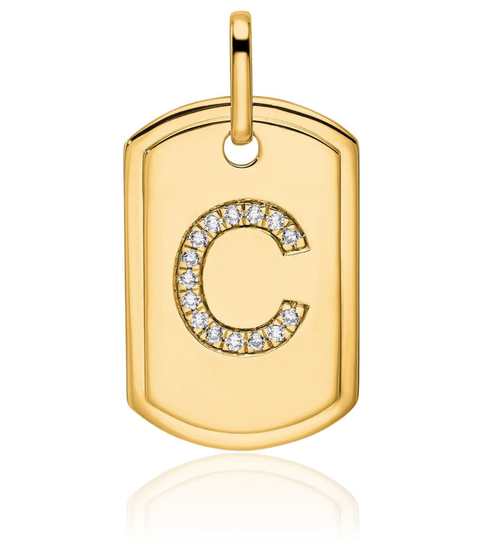 14K Solid Yellow Gold Diamond Dainty Letter C Initial Name Monogram Dog Tag Necklace Chain Pendant Charm