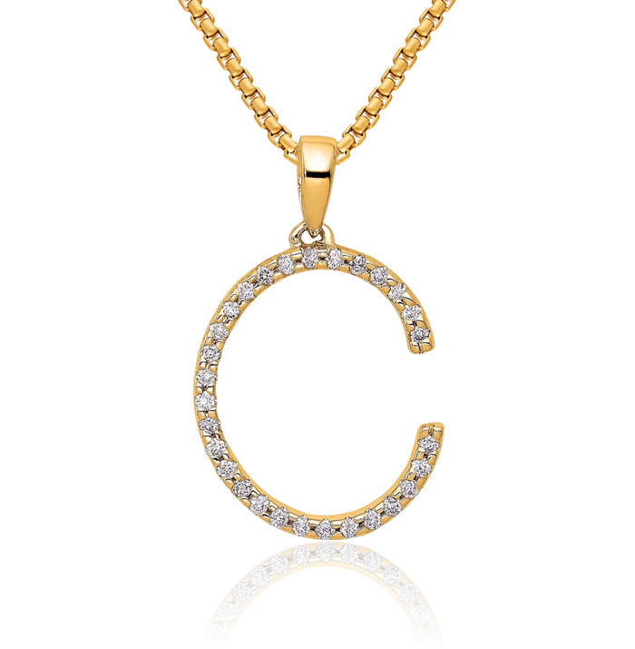 14K Solid Yellow Gold Diamond Dainty Letter C Initial Name Monogram Necklace Chain Pendant Charm