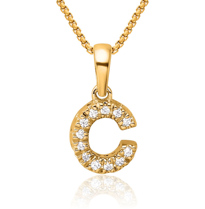 14K Solid Yellow Gold Diamond Dainty Letter C Initial Name Monogram Necklace Chain Pendant Charm