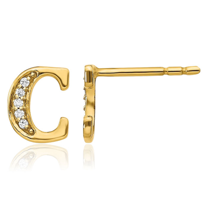 14K Solid Yellow Gold Diamond Dainty Letter C Initial Name Monogram Stud Earrings