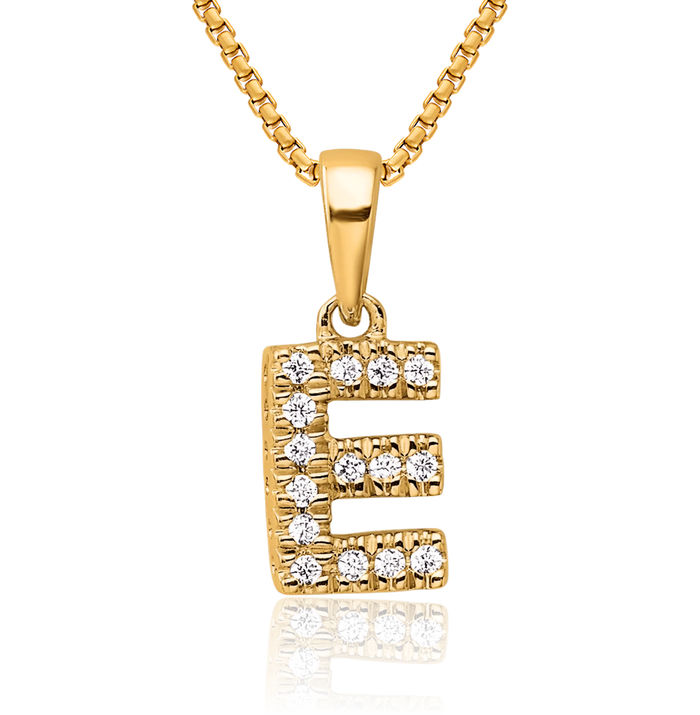 14K Solid Yellow Gold Diamond Dainty Letter E Initial Name Monogram Necklace Chain Pendant Charm