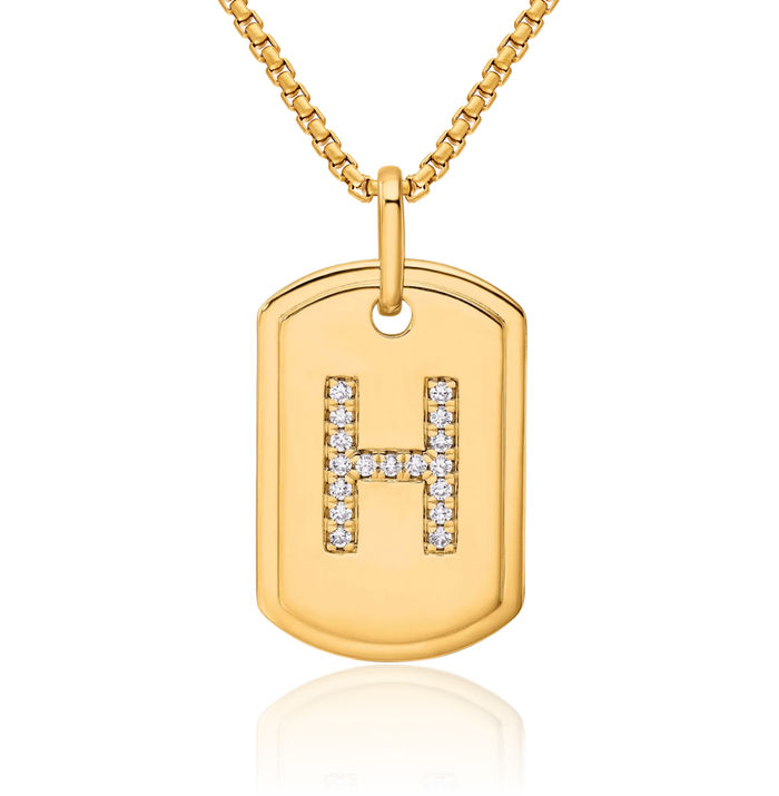 14K Solid Yellow Gold Diamond Dainty Letter H Initial Name Monogram Dog Tag Necklace Chain Pendant Charm
