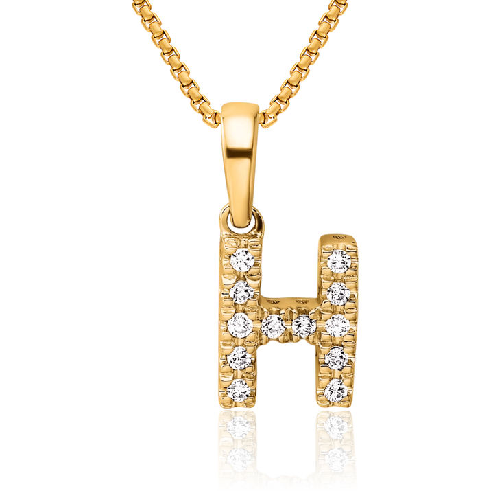 14K Solid Yellow Gold Diamond Dainty Letter H Initial Name Monogram Necklace Chain Pendant Charm