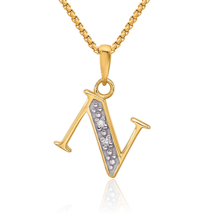 14K Solid Yellow Gold Diamond Dainty Letter N Initial Name Monogram Necklace Chain Pendant Charm