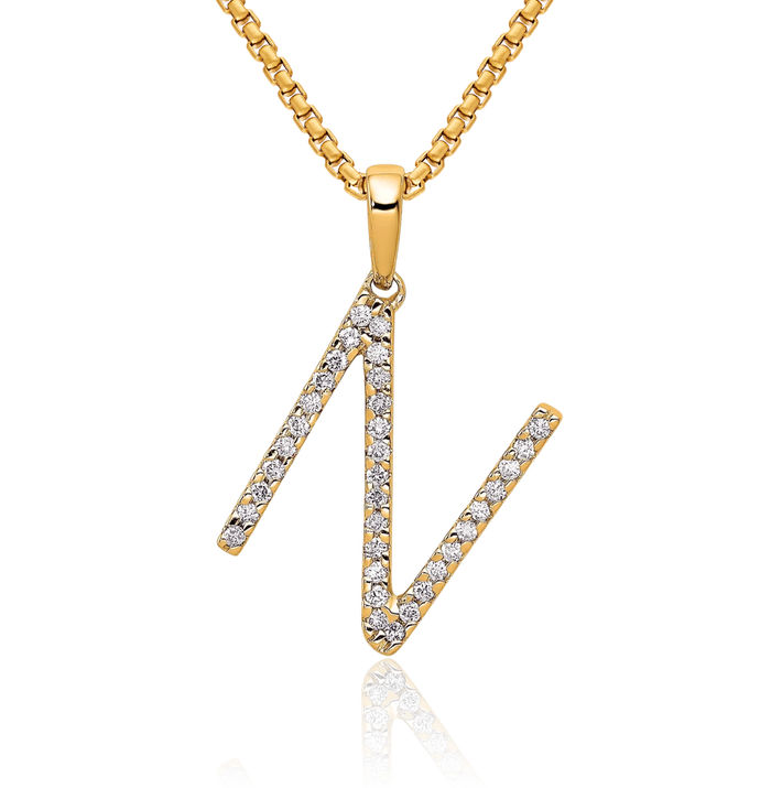14K Solid Yellow Gold Diamond Dainty Letter N Initial Name Monogram Necklace Chain Pendant Charm