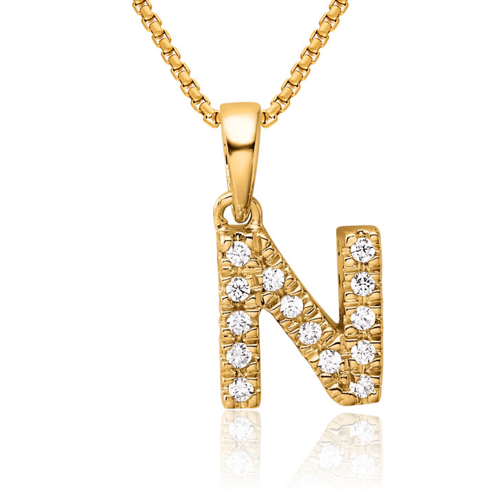 14K Solid Yellow Gold Diamond Dainty Letter N Initial Name Monogram Necklace Chain Pendant Charm