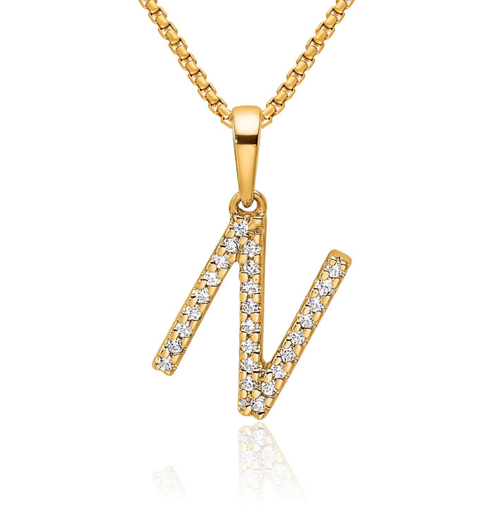 14K Solid Yellow Gold Diamond Dainty Letter N Initial Name Monogram Necklace Chain Pendant Charm