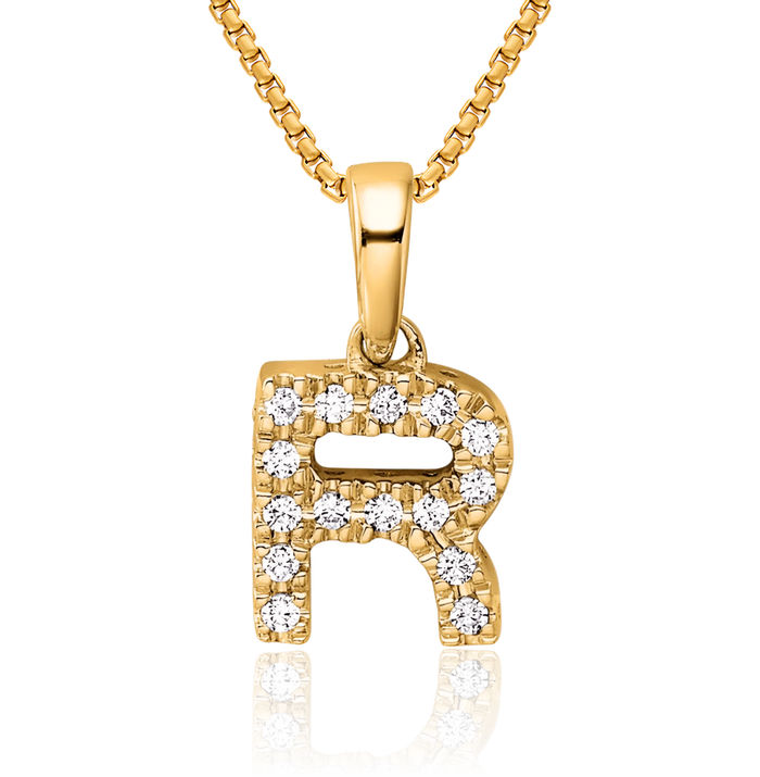 14K Solid Yellow Gold Diamond Dainty Letter R Initial Name Monogram Necklace Chain Pendant Charm