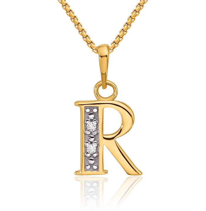 14K Solid Yellow Gold Diamond Dainty Letter R Initial Name Monogram Necklace Chain Pendant Charm