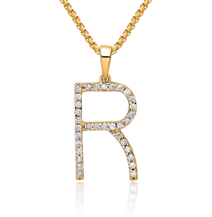 14K Solid Yellow Gold Diamond Dainty Letter R Initial Name Monogram Necklace Chain Pendant Charm