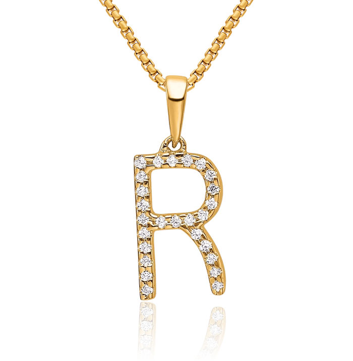 14K Solid Yellow Gold Diamond Dainty Letter R Initial Name Monogram Necklace Chain Pendant Charm