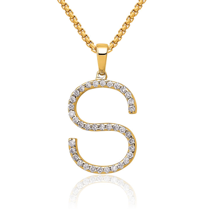 14K Solid Yellow Gold Diamond Dainty Letter S Initial Name Monogram Necklace Chain Pendant Charm