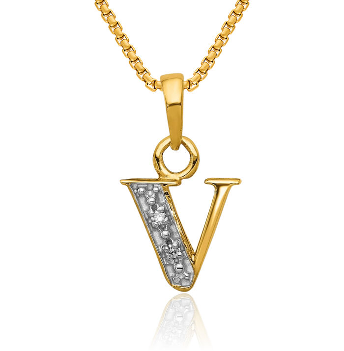 14K Solid Yellow Gold Diamond Dainty Letter V Initial Name Monogram Necklace Chain Pendant Charm