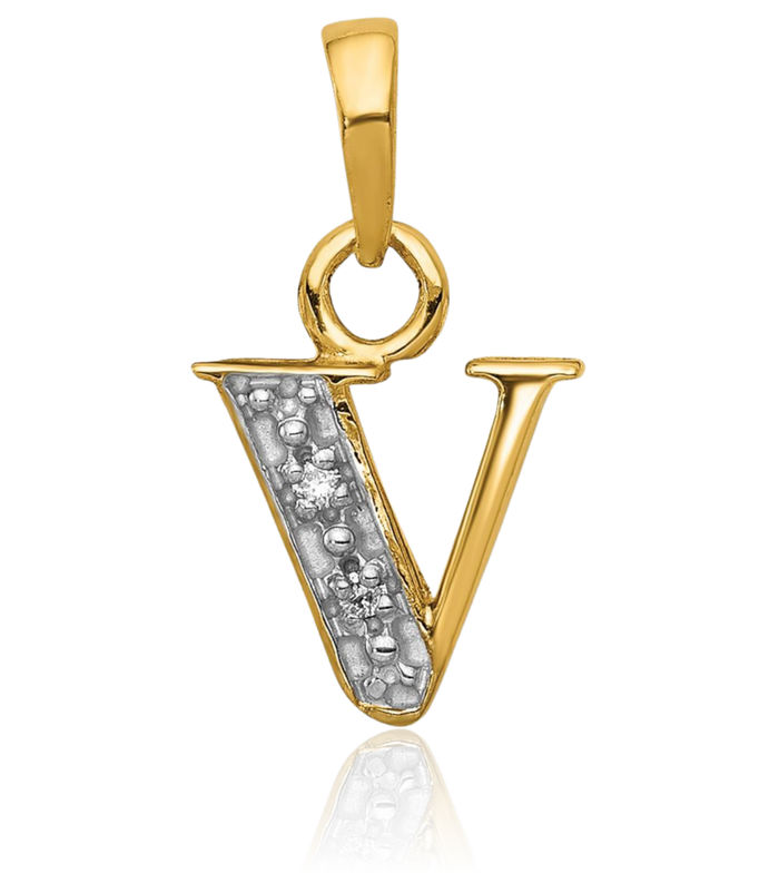 14K Solid Yellow Gold Diamond Dainty Letter V Initial Name Monogram Necklace Chain Pendant Charm
