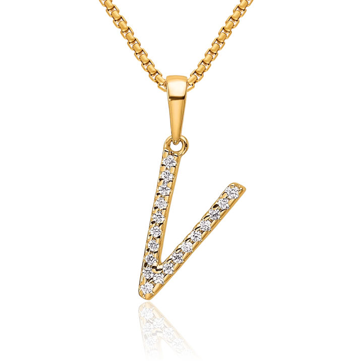 14K Solid Yellow Gold Diamond Dainty Letter V Initial Name Monogram Necklace Chain Pendant Charm