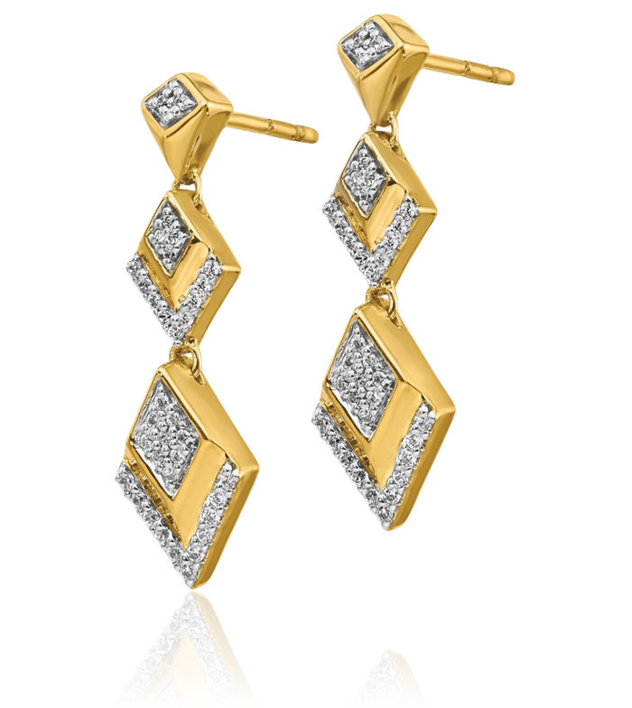 14K Solid Yellow Gold Diamond Post Line Bar Drop Dangle Earrings