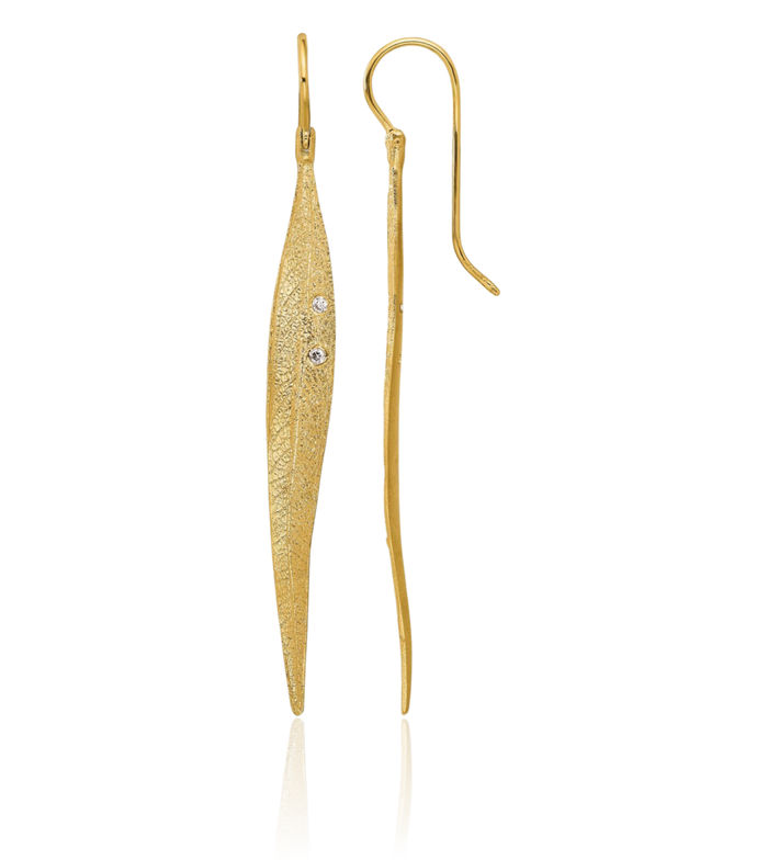 14K Solid Yellow Gold Diamond Long Leaf Shephard Hook Drop Dangle Earrings