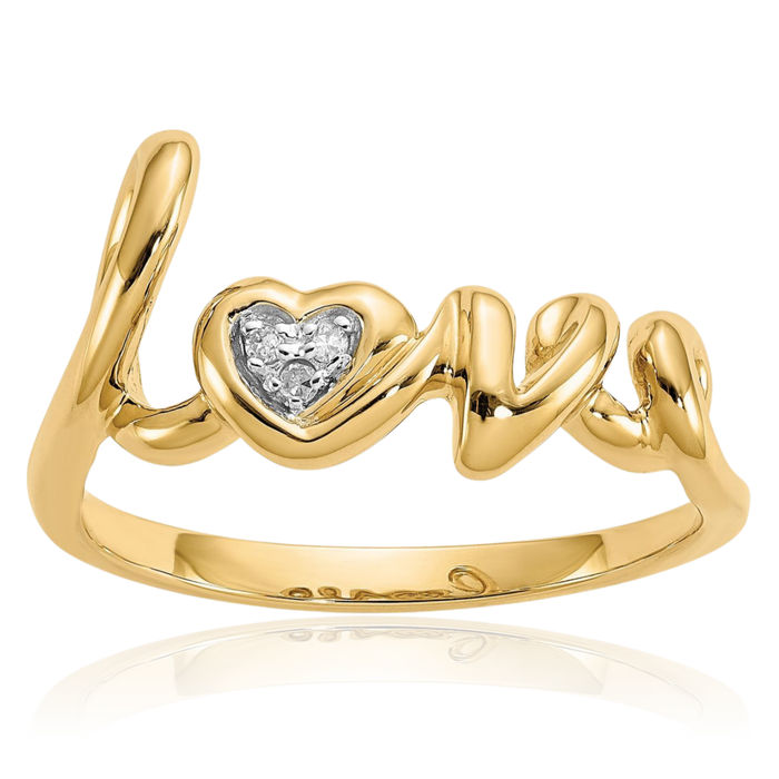 14K Solid Yellow Gold Diamond Love Ring