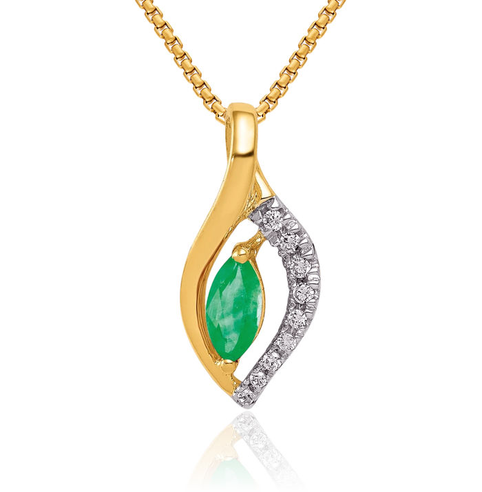 14K Solid Yellow Gold Diamond Marquise Green Emerald Necklace Charm Gemstone Pendant