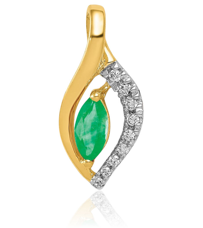 14K Solid Yellow Gold Diamond Marquise Green Emerald Necklace Charm Gemstone Pendant