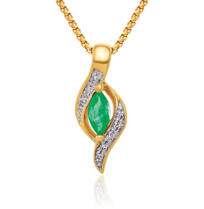 14K Solid Yellow Gold Diamond Marquise Green Emerald Necklace Charm Gemstone Pendant