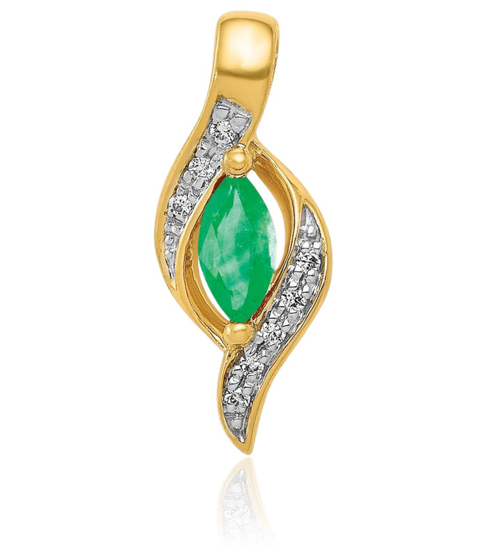 14K Solid Yellow Gold Diamond Marquise Green Emerald Necklace Charm Gemstone Pendant