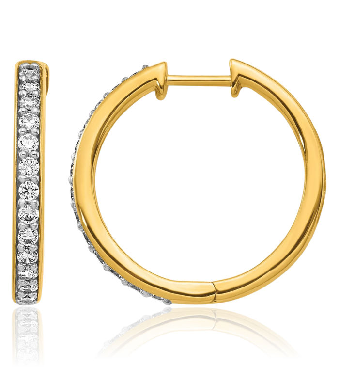 14K Solid Yellow Gold Diamond Medium Hoop Earrings