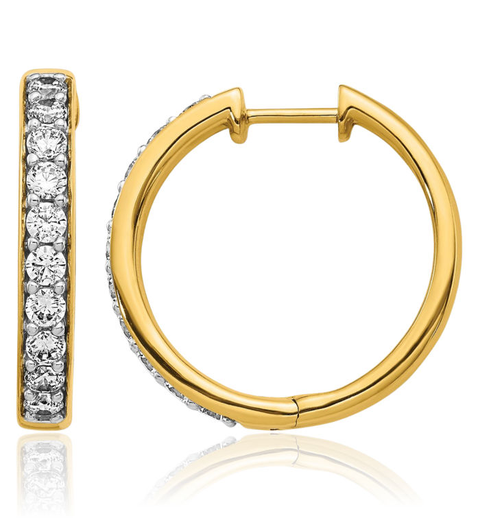 14K Solid Yellow Gold Diamond Medium Hoop Earrings
