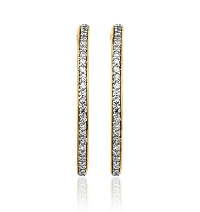 14K Solid Yellow Gold Diamond Medium Hoop Earrings