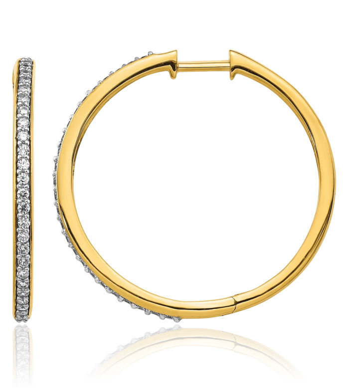 14K Solid Yellow Gold Diamond Medium Hoop Earrings