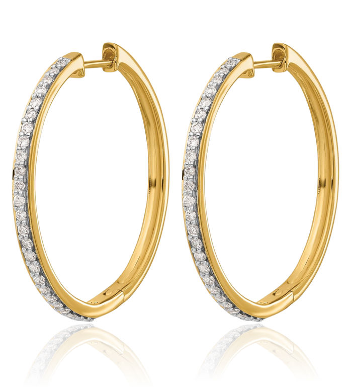 14K Solid Yellow Gold Diamond Medium Hoop Earrings