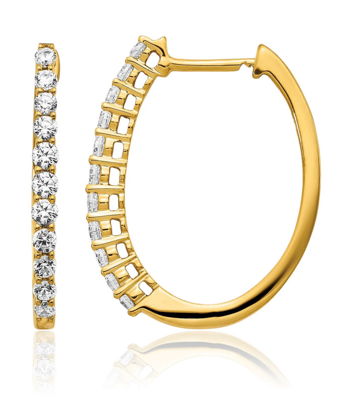 14K Solid Yellow Gold Diamond Medium Hoop Earrings