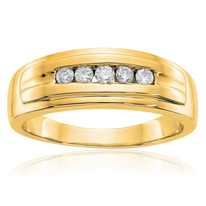 14K Solid Yellow Gold Diamond Mens 5 Stone Ring