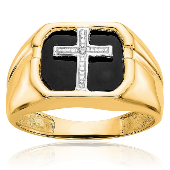 14K Solid Yellow Gold Diamond Black Onyx Mens Holy Cross Ring Christian Religious Band