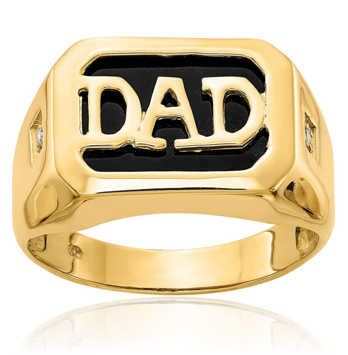 14K Solid Yellow Gold Diamond Mens Black Onyx Dad Ring