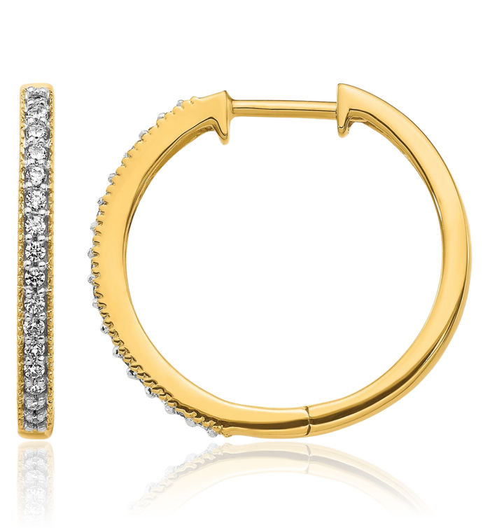 14K Solid Yellow Gold Diamond Milgrain Medium Hoop Earrings