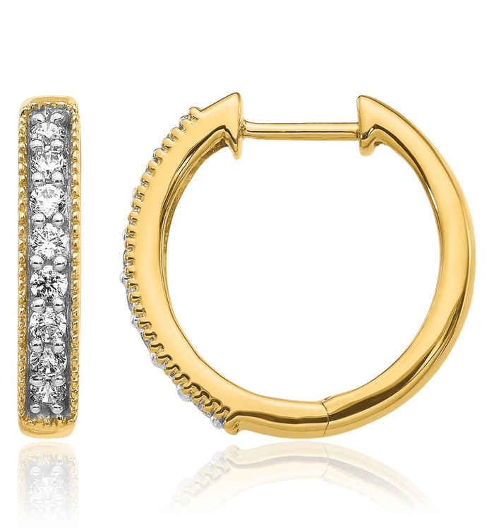 14K Solid Yellow Gold Diamond Milgrain Small Hoop Earrings