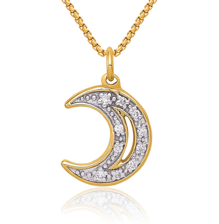 14K Solid Yellow Gold Diamond Crescent Moon Necklace Chain Pendant Charm Celestial Jewelry