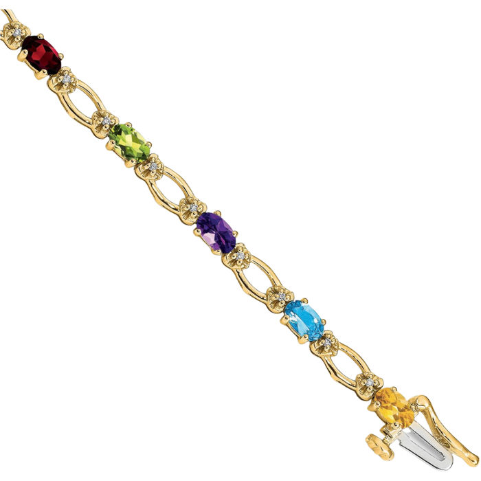 14K Solid Yellow Gold Diamond Rainbow Multi-color Chain Gemstone Tennis Bracelet