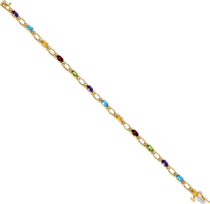 14K Solid Yellow Gold Diamond Rainbow Multi-color Chain Gemstone Tennis Bracelet