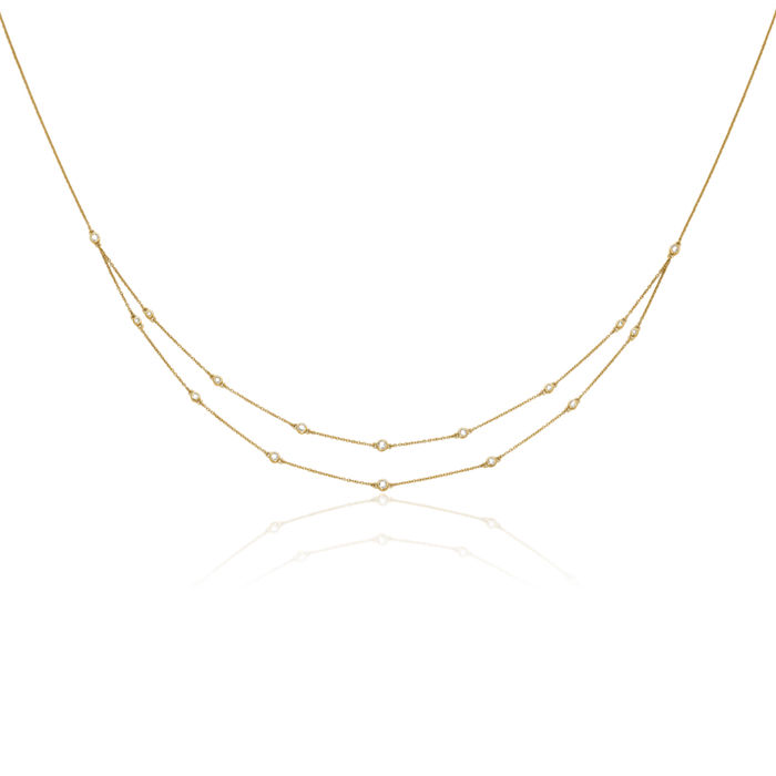 14K Solid Yellow Gold Diamond Multi Station Double Strand Chain Necklace