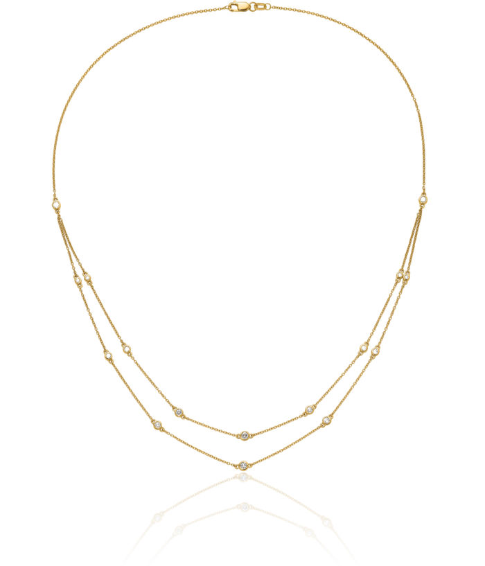 14K Solid Yellow Gold Diamond Multi Station Double Strand Chain Necklace