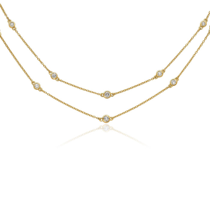 14K Solid Yellow Gold Diamond Multi Station Double Strand Chain Necklace