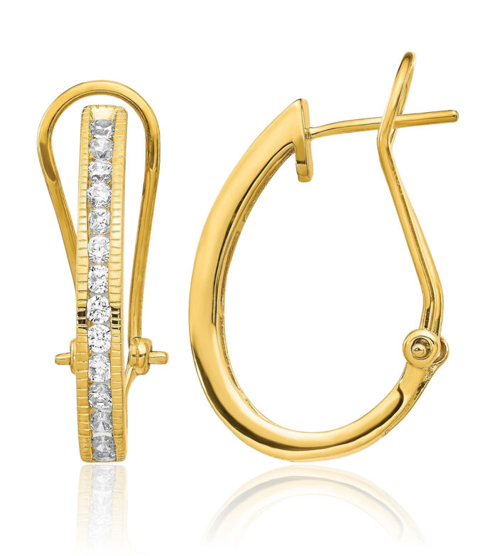 14K Solid Yellow Gold Diamond Omega Clip Back Post Medium Hoop Earrings