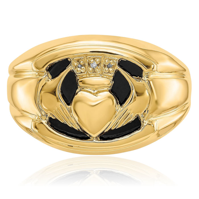 14K Solid Yellow Gold Diamond Black Onyx Mens Heart Irish Claddagh Celtic Ring Chunky Dome Statement Band Jewelry Viking