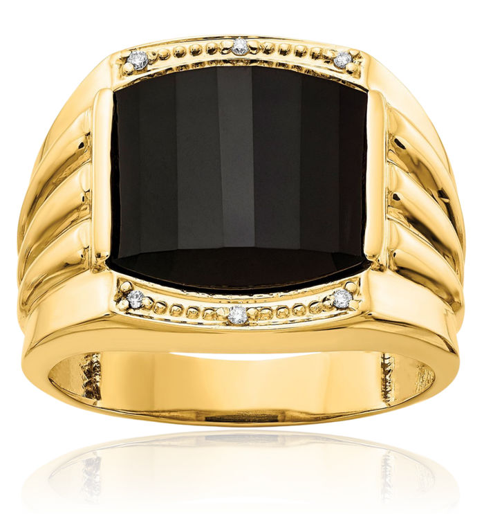 14K Solid Yellow Gold Diamond Black Onyx Mens Statement Ring