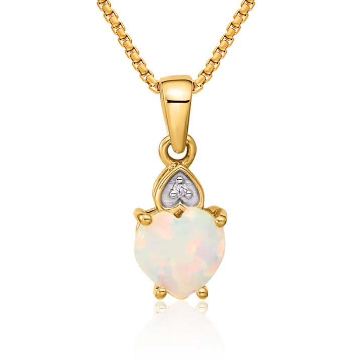 14K Solid Yellow Gold Diamond Opal Heart Necklace Charm Gemstone Pendant