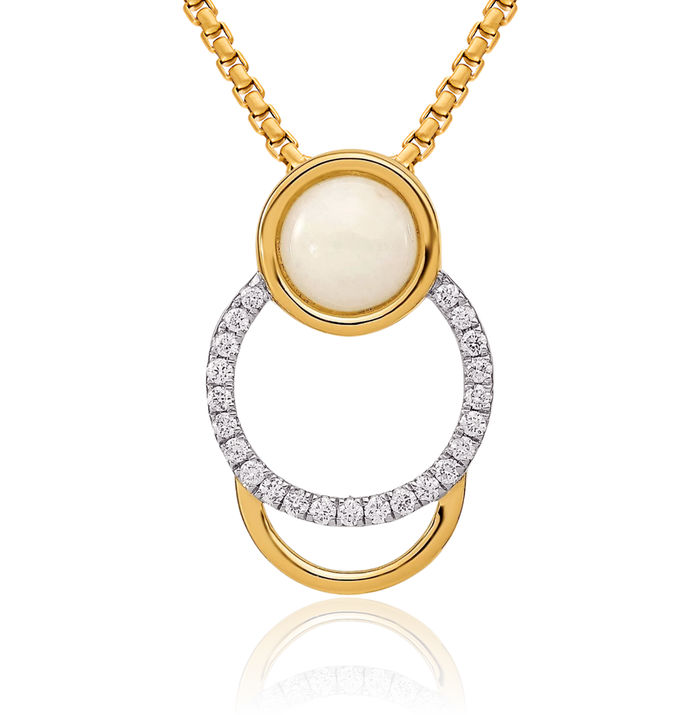 14K Solid Yellow Gold Diamond Opal Circle Round Floating Chain Slide Pendant Necklace Gemstone Charm